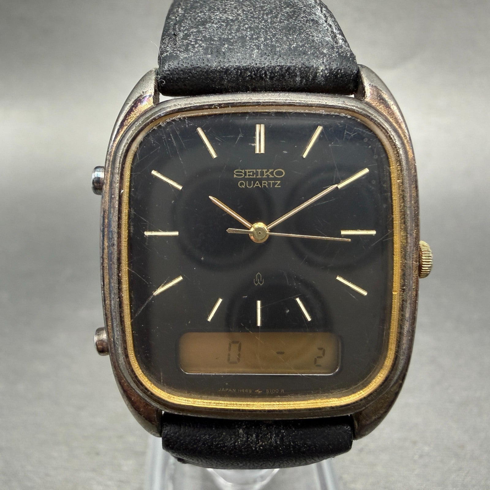 Seiko Analog Digital Watch Men 29mm Black Dial Gold Tone Rectangle H449 New BatW0