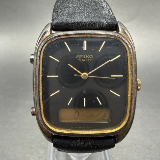 Seiko Analog Digital Watch Men 29mm Black Dial Gold Tone Rectangle H449 New BatW0