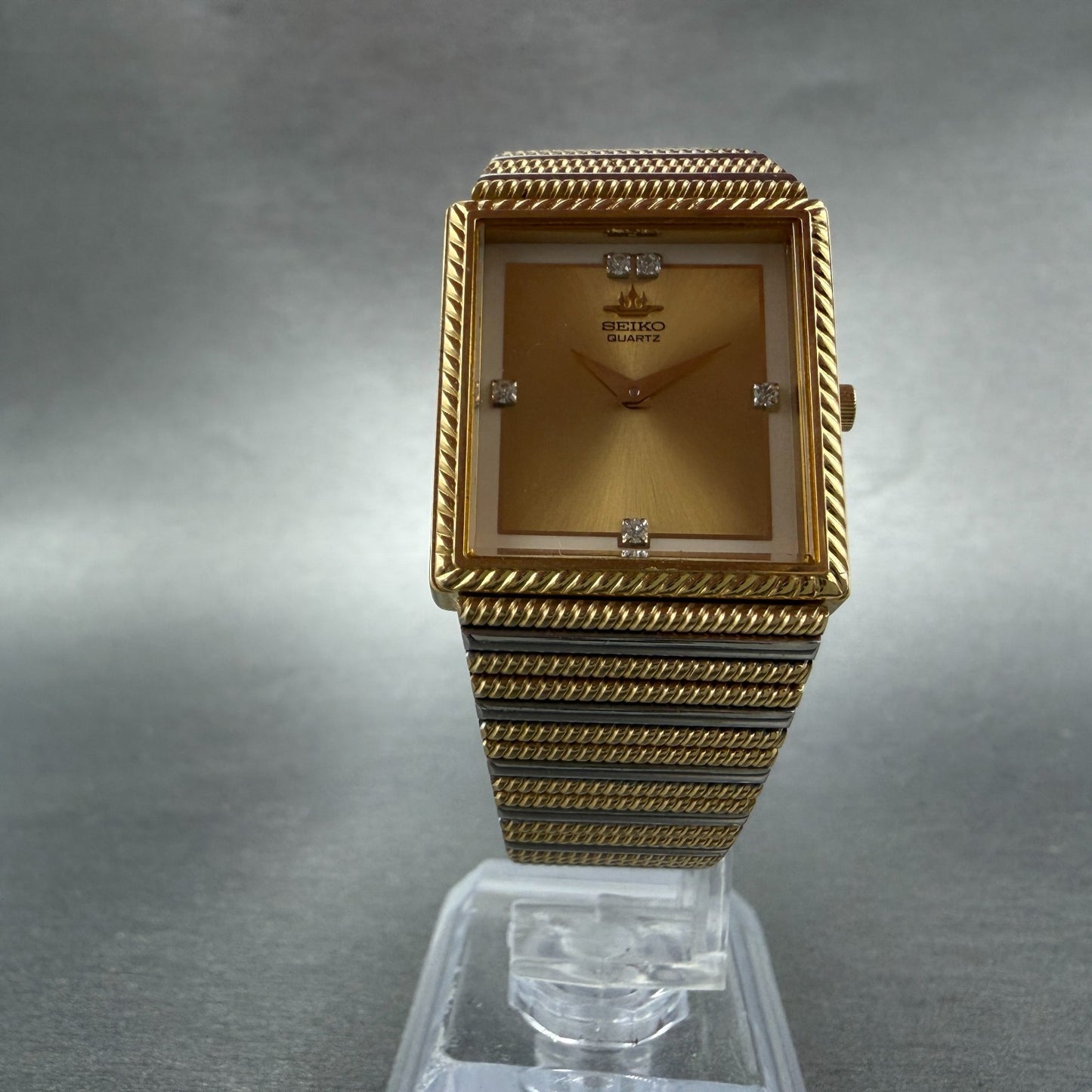 Seko Tank Watch Men 25mm Champagne Dial Two Tone Rectangle 7430-5740 New Battery5