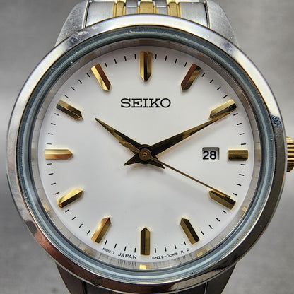 Seiko Watch Women 29mm White Dial Two Tone Date Round 6n2200a0 New Battery1
