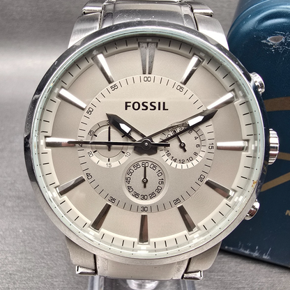 Fossil Chronograph Watch Men 48mm Silver Dial Silver Tone Round FS4359 New Batt1