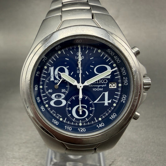 Seiko Chronograph Watch Men 38mm Blue Dial Silver Date Round 7T92-0BR0 New Batt0