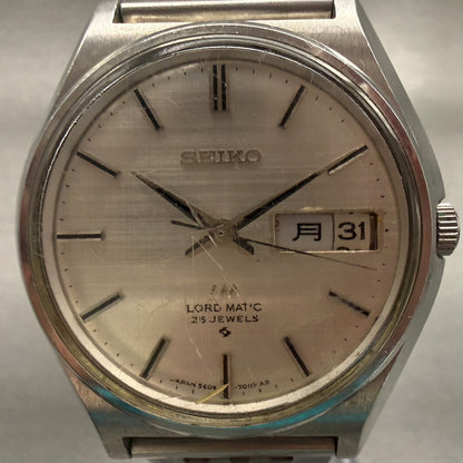 Seiko Lord Matic Watch Men 37mm Silver Dial Silver Tone Daydate Round 5606-70101