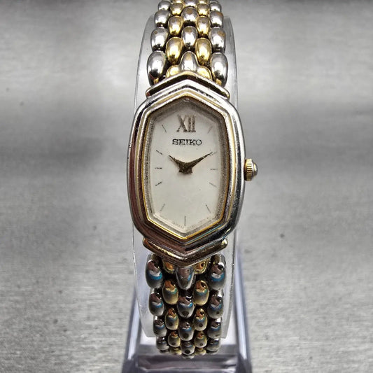 Seiko Watch Women 15mm White Dial Two Tone Oval Y150-5M80 New Battery Vintage0