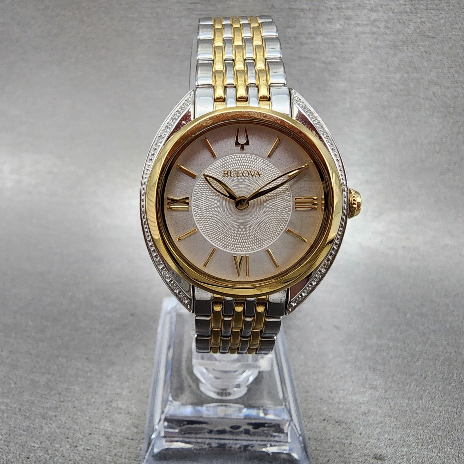 Bulova Diamond Watch Women 30mm Silver Dial Two Tone Diamond Bezel Round 98R2960