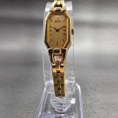 Seiko Watch Women 12mm Gold Dial Gold Tone Rectangle 2E20-6179 New Battery VTG5