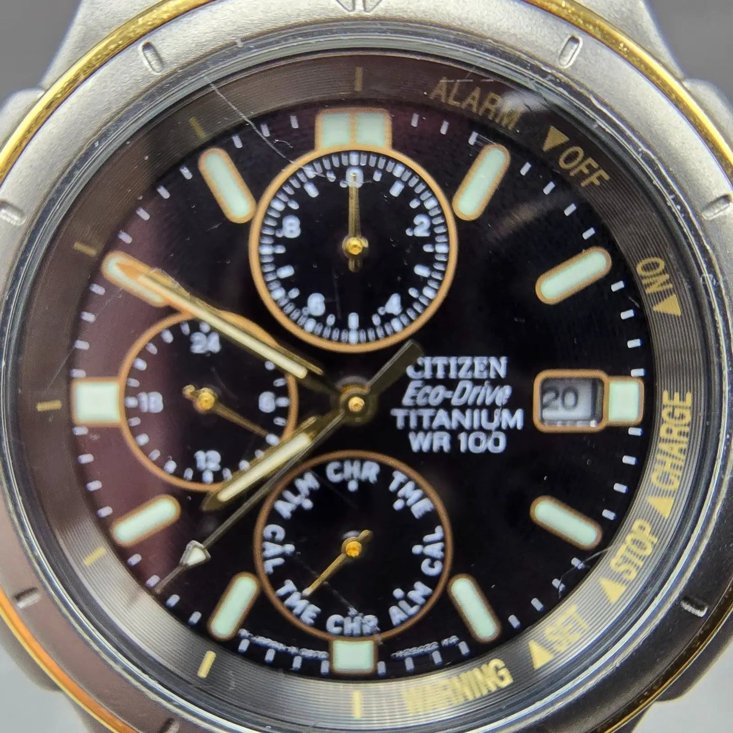 Citizen Eco-Drive Watch Men 38mm Black Dial Two Tone Titanium Alarm Chrono Runs1