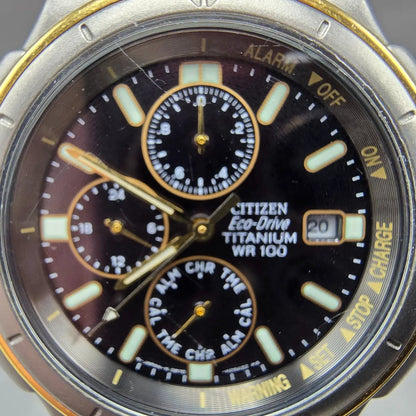 Citizen Eco-Drive Watch Men 38mm Black Dial Two Tone Titanium Alarm Chrono Runs1