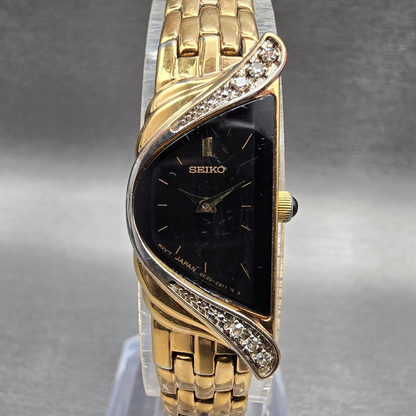Seiko Half Moon Watch Women 14mm Black Dial Gold Diamonds 2E20-7309 New Battery0