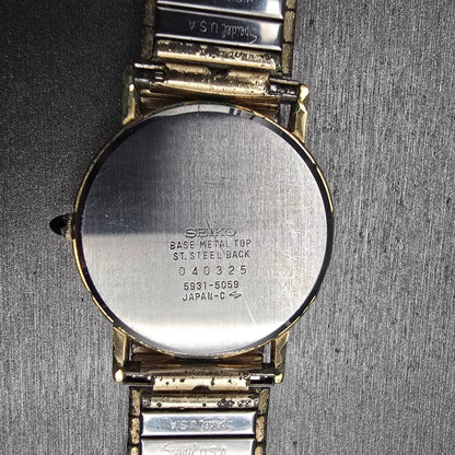 Seiko Watch Men 33mm Gold Dial Gold Tone Round 5931-5059 New Battery Vintage10