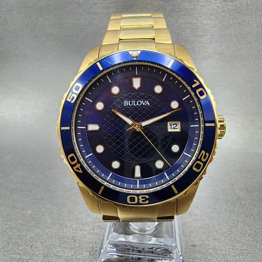 Bulova Dive Watch Men 42mm Blue Dial Gold Tone Date Round Bracelet 98A1970
