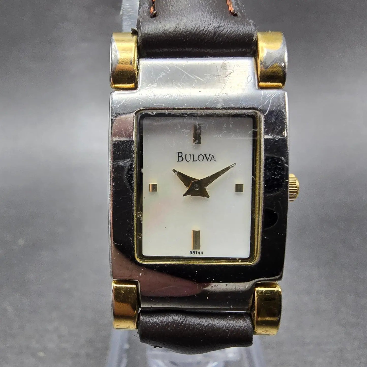 Bulova Tank Watch Women 18mm MOP Dial Two Tone Heart Rectangle 98T44 New Battery0