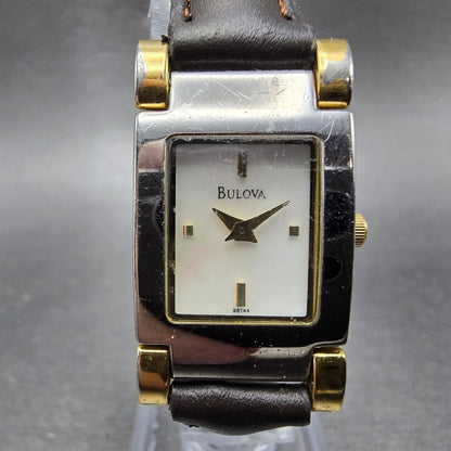 Bulova Tank Watch Women 18mm MOP Dial Two Tone Heart Rectangle 98T44 New Battery0