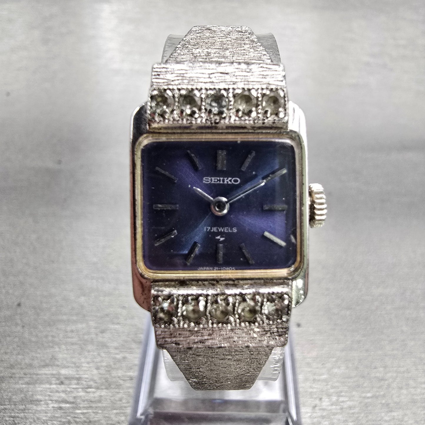 Seiko Watch Women 17mm Blue Dial Silver Tone Gemmed Rectangle 21-3141 Works VTG0