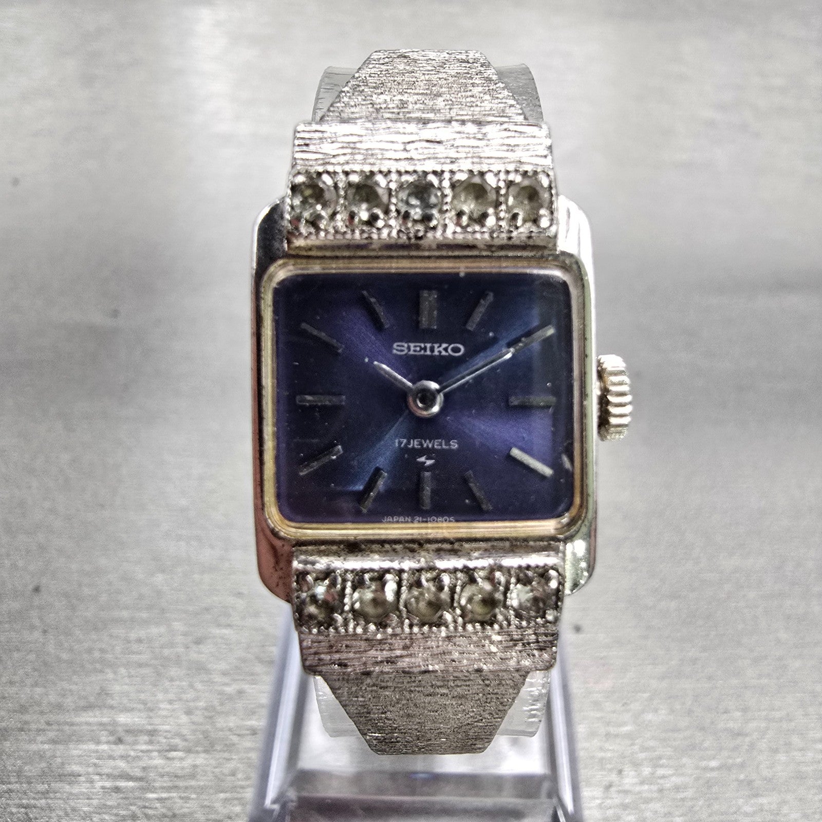 Seiko Watch Women 17mm Blue Dial Silver Tone Gemmed Rectangle 21-3141 Works VTG0