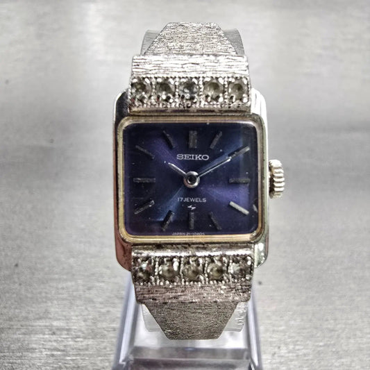 Seiko Watch Women 17mm Blue Dial Silver Tone Gemmed Rectangle 21-3141 Works VTG0