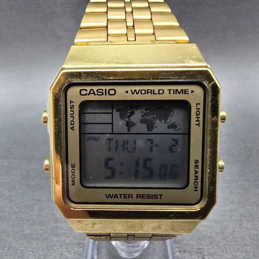 Casio World Time Watch Men 33mm Digital Gold Alarm Chronograph A500W New Battery0