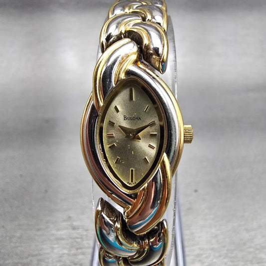 Bulova Watch Women 16mm Gold Dial Two Tone Oval 98L75 New Battery Bracelet0