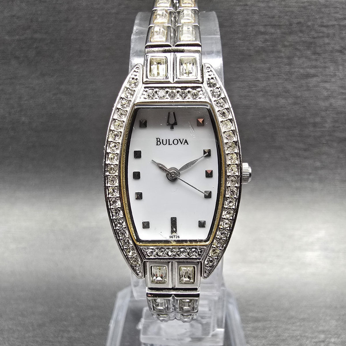 Bulova Watch Women 19mm MOP Dial Silver Tone Gemmed Oval 96T26 New Battery0