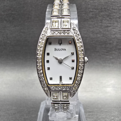Bulova Watch Women 19mm MOP Dial Silver Tone Gemmed Oval 96T26 New Battery0