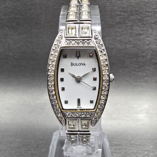 Bulova Watch Women 19mm MOP Dial Silver Tone Gemmed Oval 96T26 New Battery0