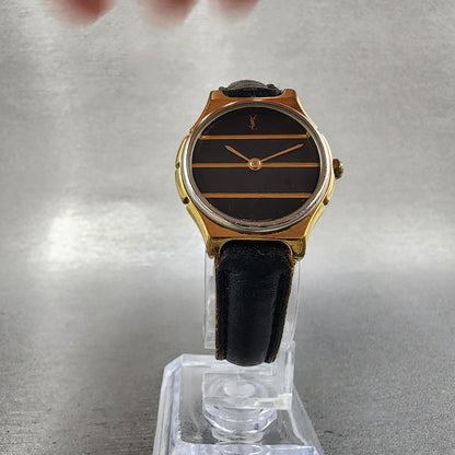 Yves Saint Laurent Watch Women 25mm Black Dial Gold Tone Round New Battery5