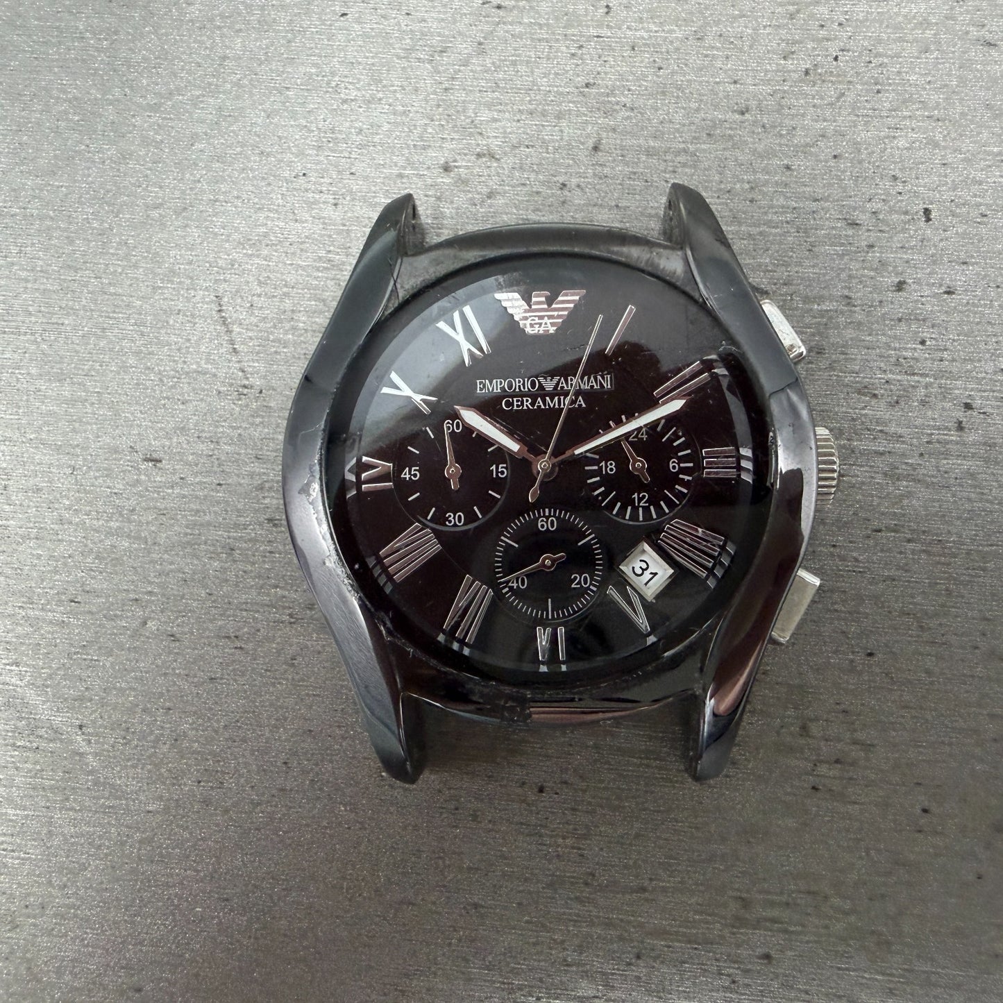 Emporio Armani Ceramica Watch Men 42mm Black Dial White Ceramic Date CRACK Works0