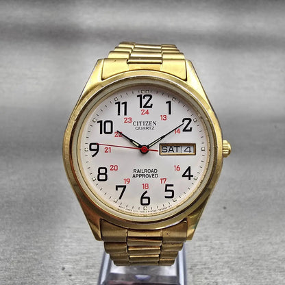 Citizen Railroad Approved Watch Men 35mm White Dial Gold Tone Daydate New Batt0