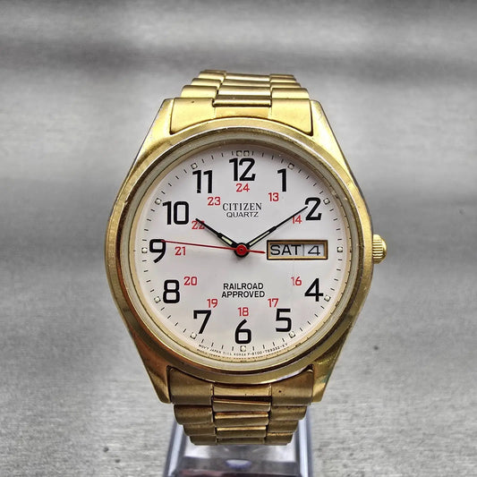 Citizen Railroad Approved Watch Men 35mm White Dial Gold Tone Daydate New Batt0