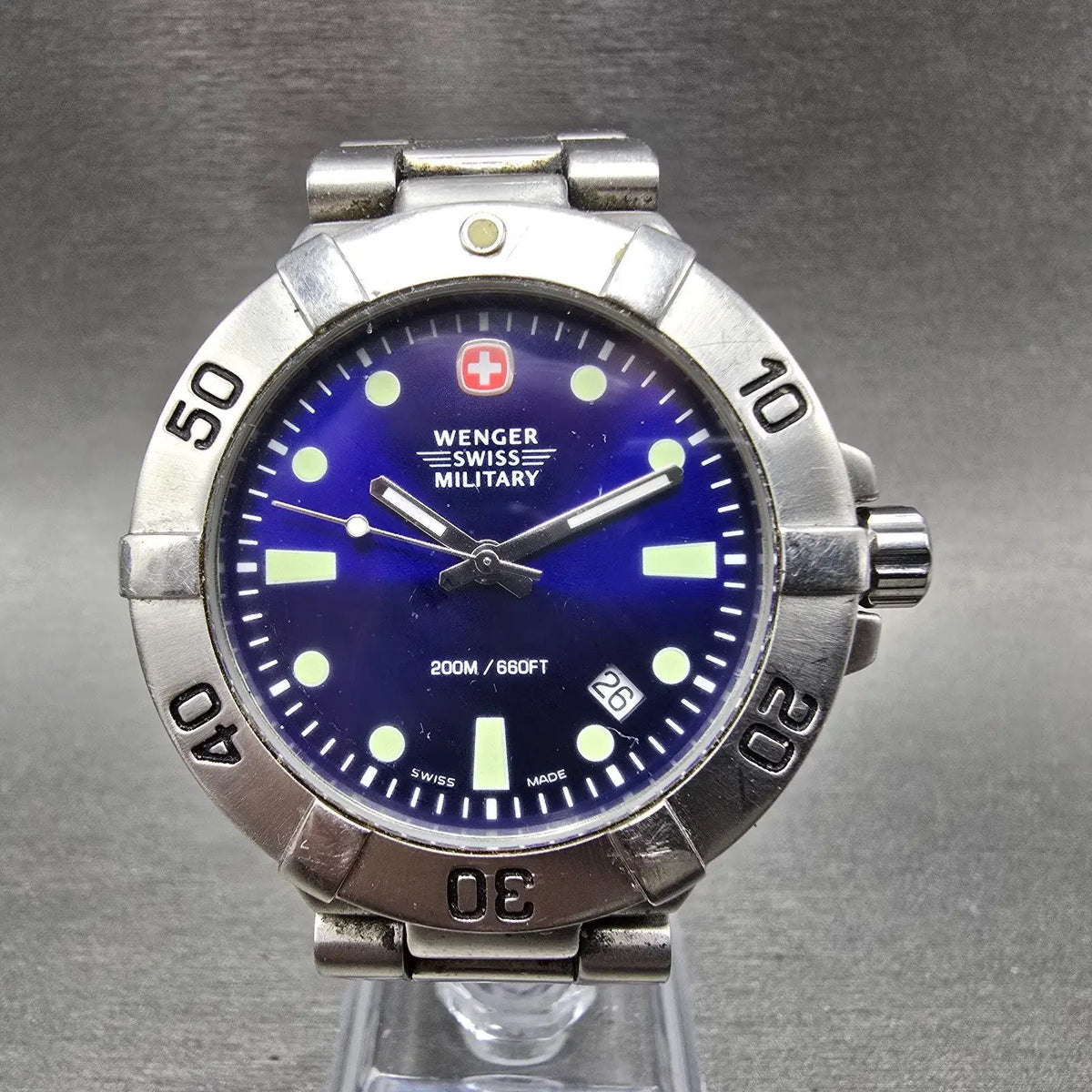 Wenger Swiss Military Dive Watch Men 40mm Blue Dial Steel Date READ!!! New Batt1