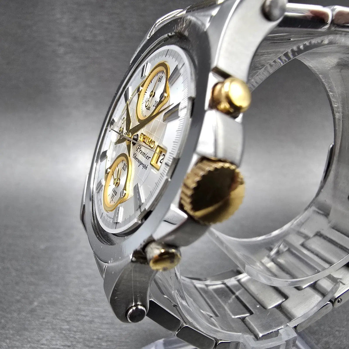 Seiko Premier Chronograph Watch Men 38mm White Dial Two Tone Date 7T62-0FF0 PART3