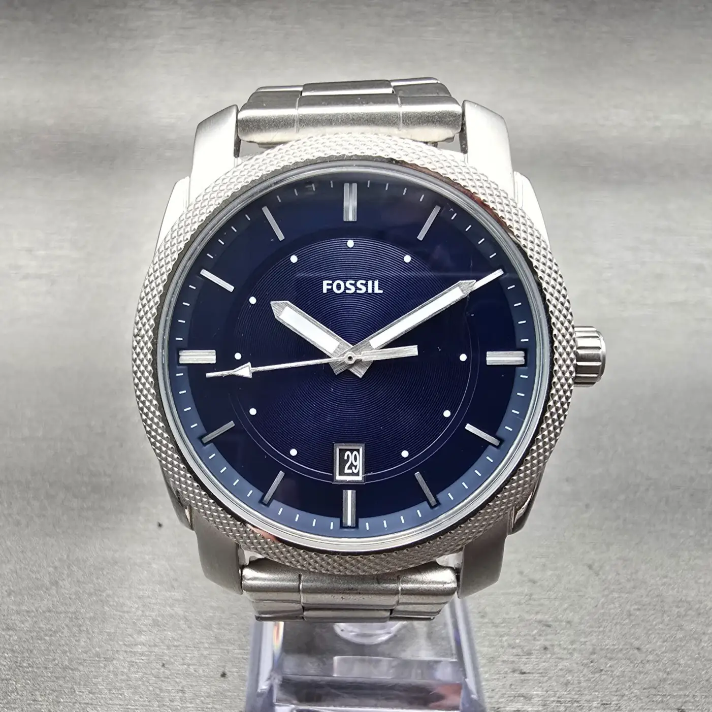 Fossil Machine Watch Men 43mm Blue Dial Silver Tone Date Round FS5340 New Batt0