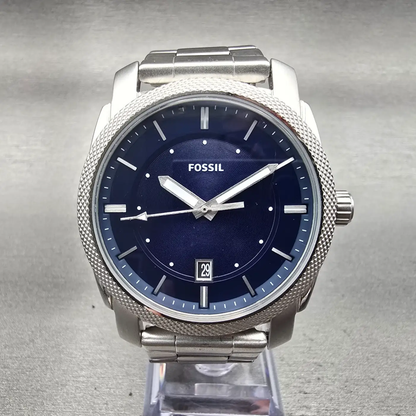 Fossil Machine Watch Men 43mm Blue Dial Silver Tone Date Round FS5340 New Batt0