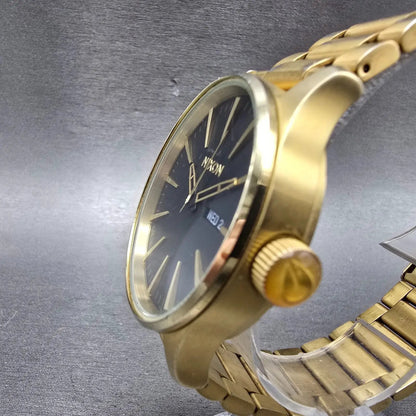 Nixon Sentry Watch Men 42mm Black Dial Gold Tone Daydate Round New Battery2