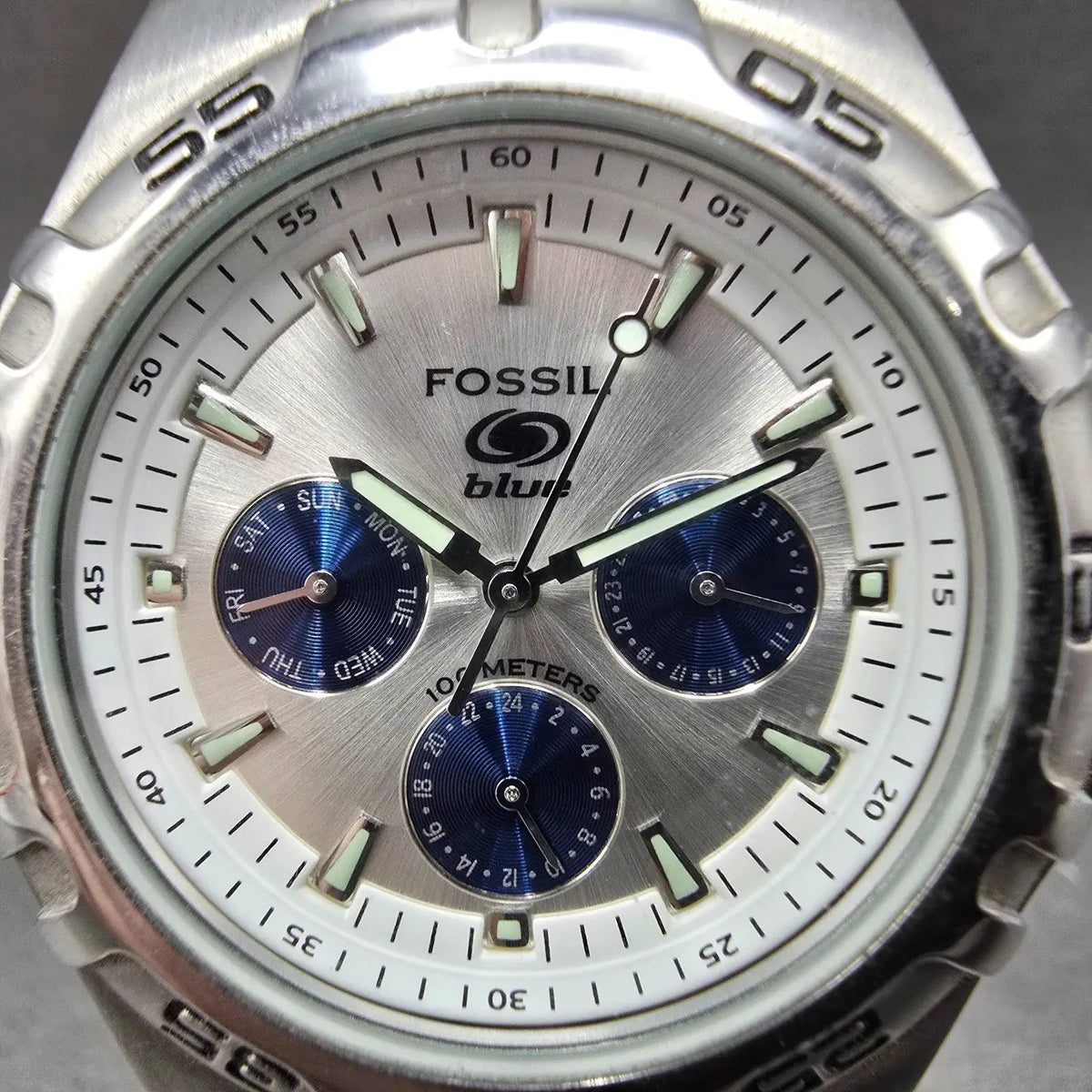 Fossil Blue Watch Men 40mm White Dial Silver Tone Daydate BQ9165 New Battery1