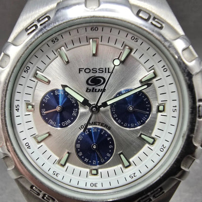 Fossil Blue Watch Men 40mm White Dial Silver Tone Daydate BQ9165 New Battery1
