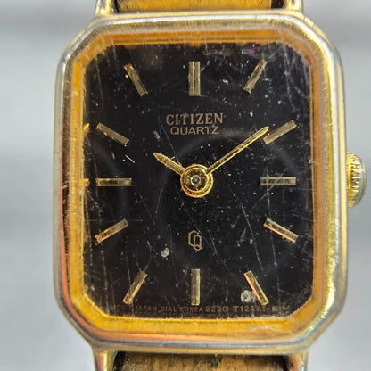Citizen CQ Watch Women 17mm Black Dial Gold Tone Rectangle 3220-986385 New Batt1