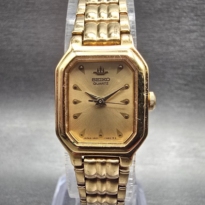 Seiko Tank Watch Women 18mm Gold Dial Gold Tone Rectangle V401-5250 New Battery0