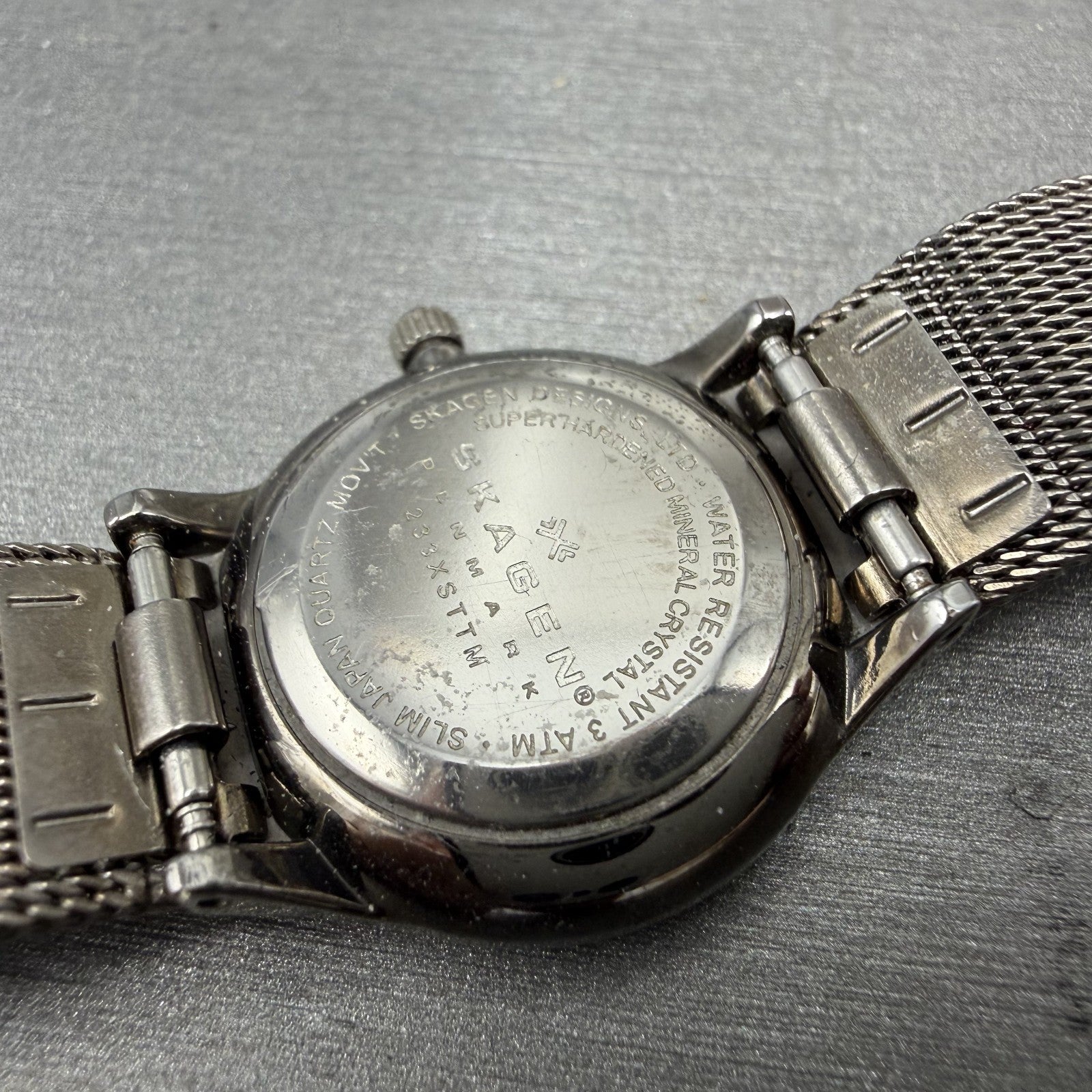 Skagen Watch Women 24mm Gray Dial Titanium Round Mesh Band 233XSTTM New Battery9