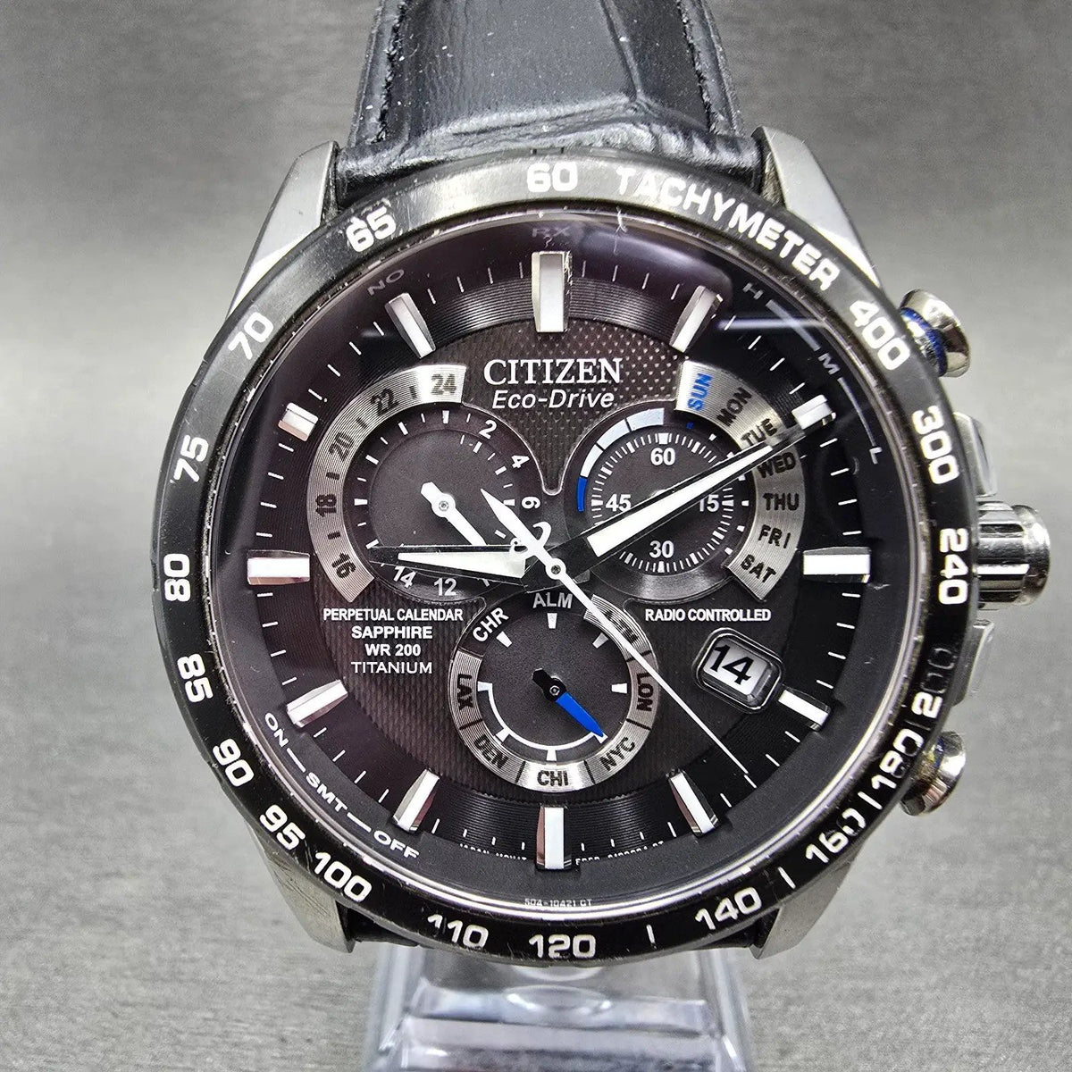 Citizen Eco-Drive Chronograph Watch Men 42mm Black Dial Titanium Date CB5908-57E0