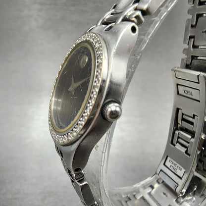 Movado Museum Watch Women 24mm Black Dial Steel Diamond Bezel New Battery