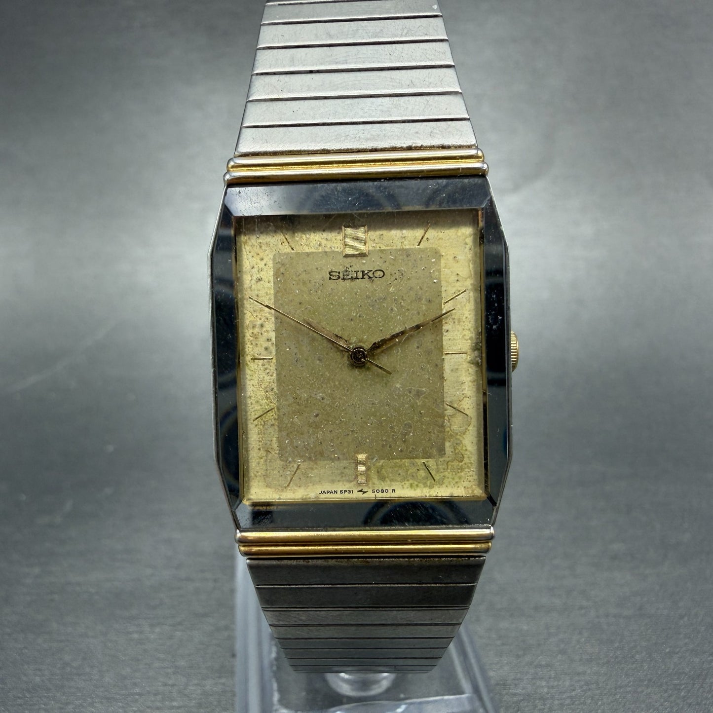 Seiko Tank Watch Men 24mm Champagne Dial Two Tone 5P31-5000 New Battery Vintage0