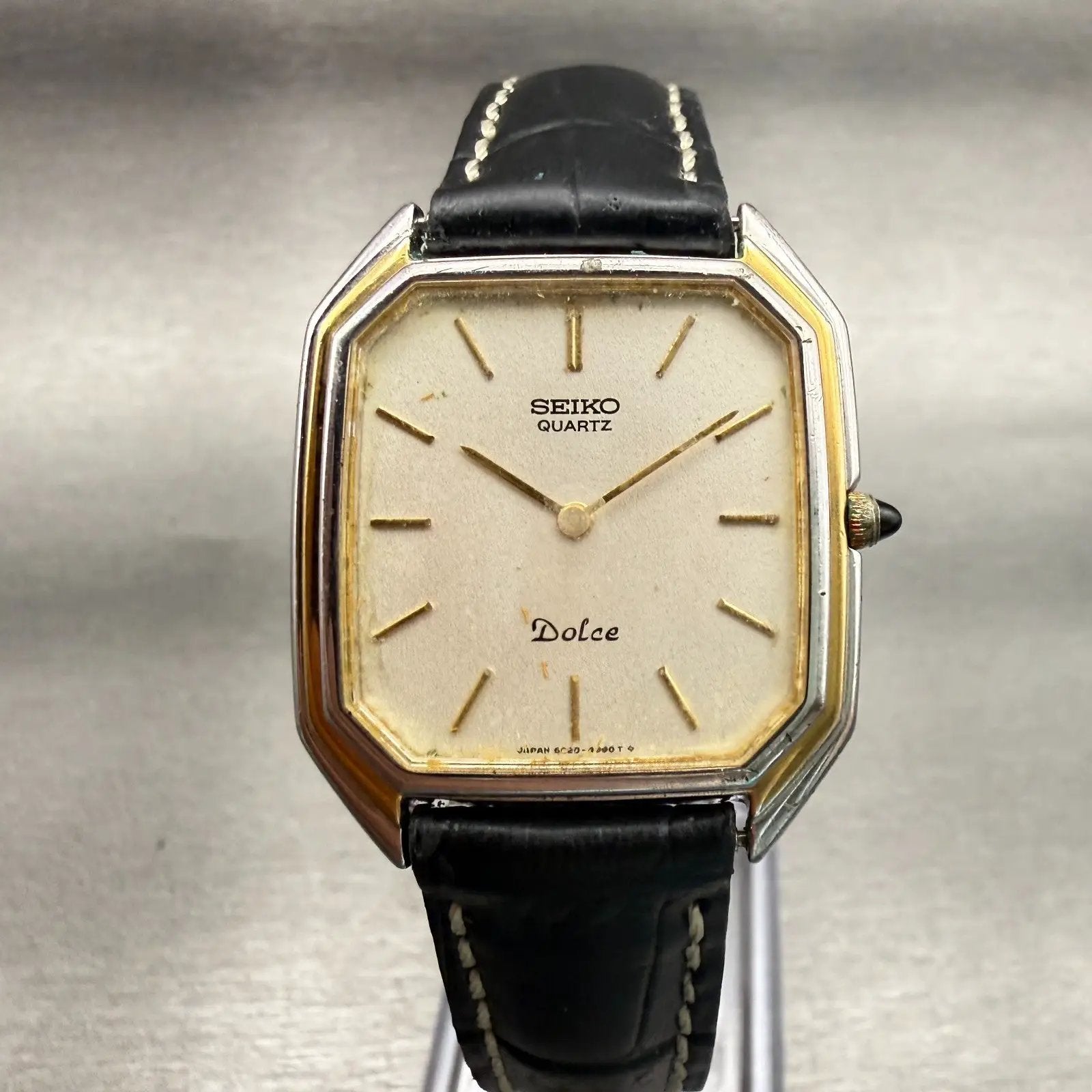 Seiko Dolce Watch Men 29mm Champagne Dial Two Tone Rectangle 6020-5930 New Batt0