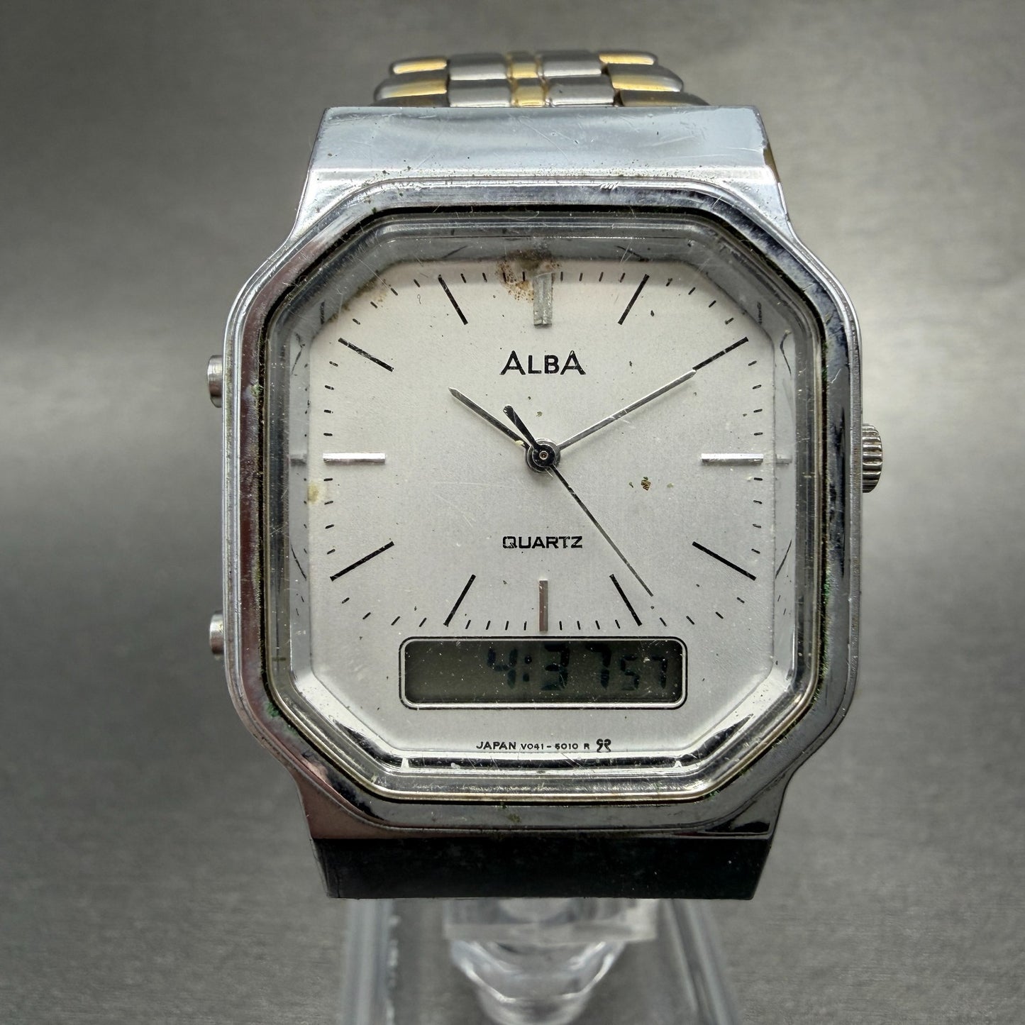 Seiko ALBA Watch Men 32mm Silver Dial Two Tone Analog Digital Alarm Chron NewBat0
