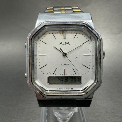 Seiko ALBA Watch Men 32mm Silver Dial Two Tone Analog Digital Alarm Chron NewBat0