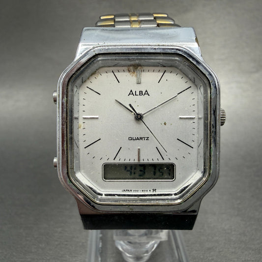 Seiko ALBA Watch Men 32mm Silver Dial Two Tone Analog Digital Alarm Chron NewBat0