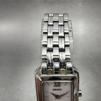 Seiko Solar Tank Watch Women 18mm White Dial Steel Rectangle V114-0AC0 Runs