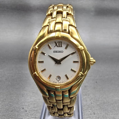 Seiko Watch Women 26mm White Dial Gold Tone Date Round V789-0369 New Battery VTG0