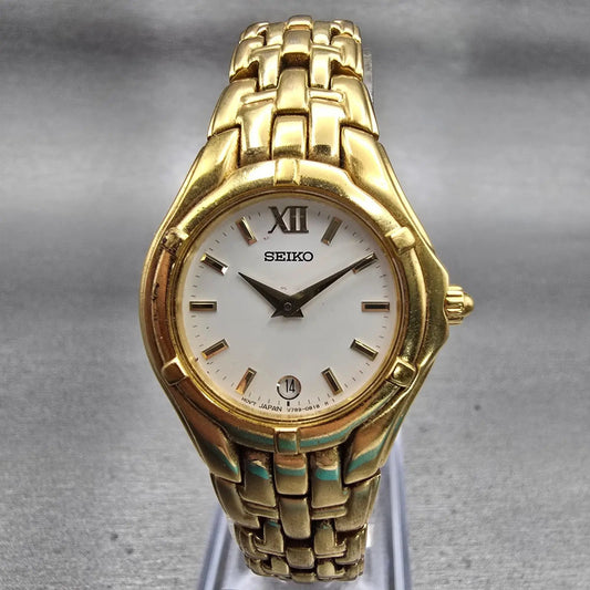 Seiko Watch Women 26mm White Dial Gold Tone Date Round V789-0369 New Battery VTG0