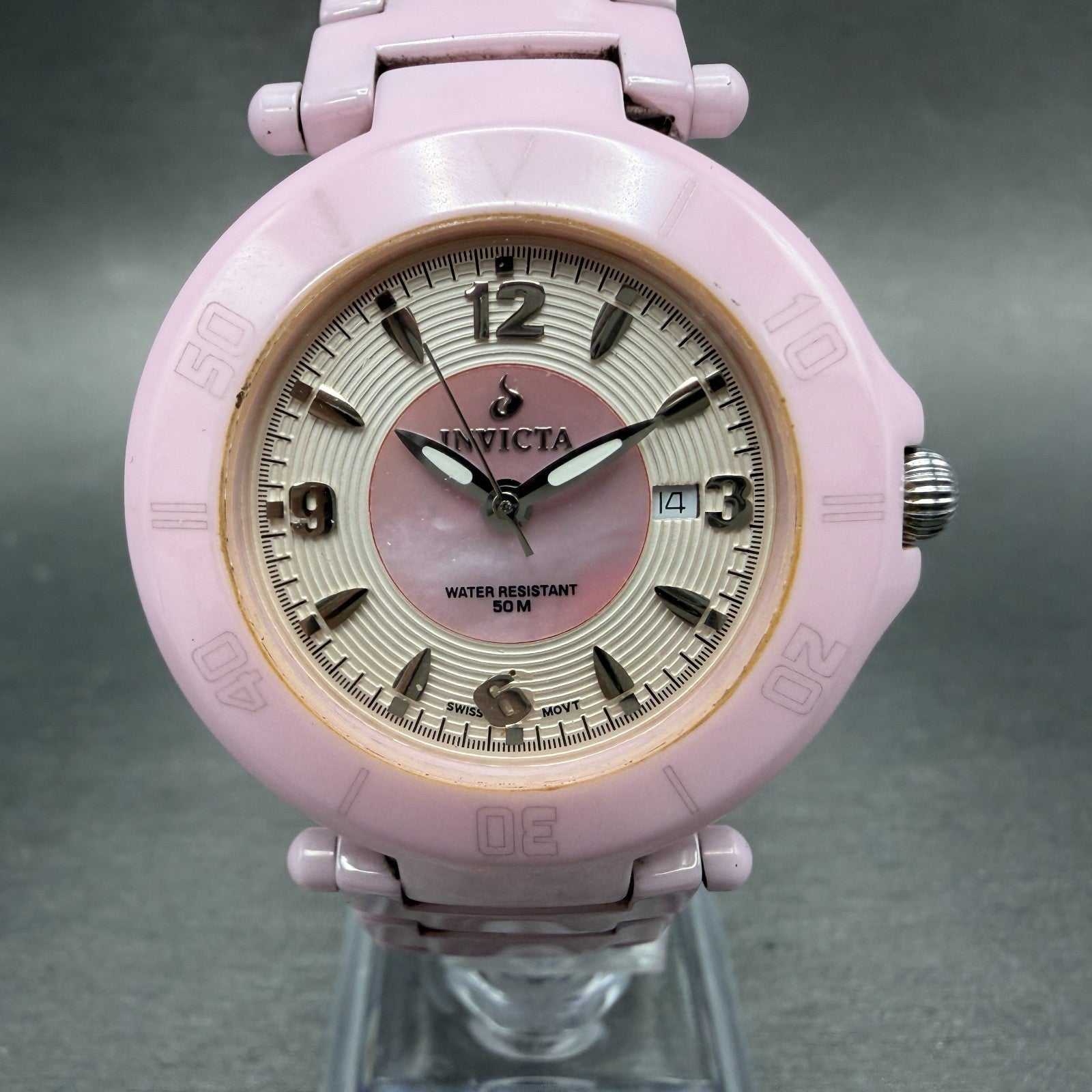 Invicta Watch Women 35mm Pink MOP Dial Pink Ceramic Case Round 3937 New Battery0